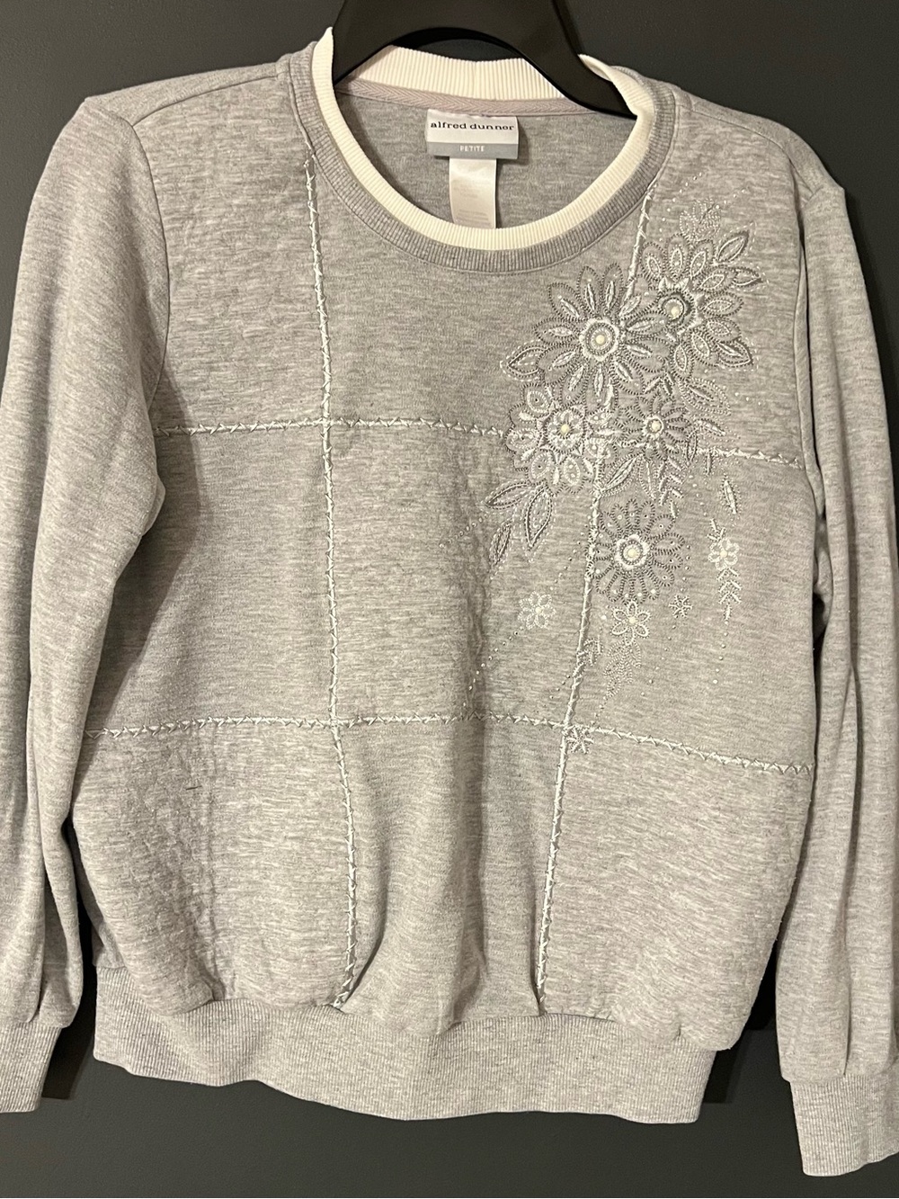 Alfred Dunner Light Gray Floral Embroidered Crewneck Sweater